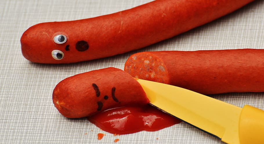 two red saugages, sausage, ketchup, murder, blood, funny, knife, HD wallpaper