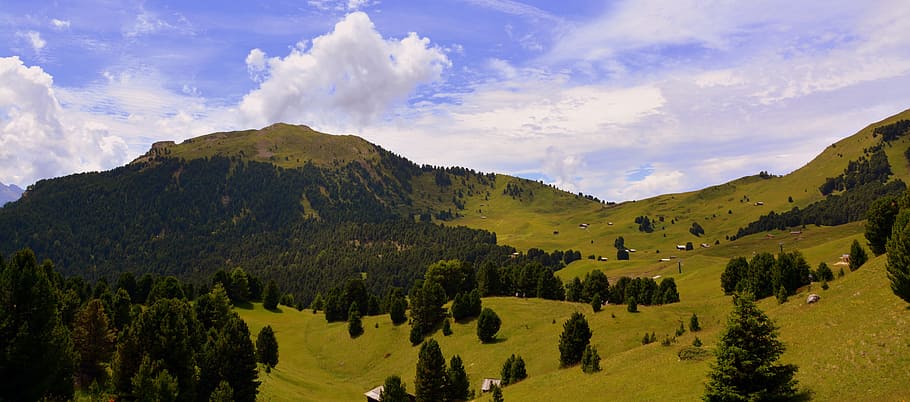 mountain, colle, prato, green, trees, nature, clouds, sky, cloud - sky HD wallpaper