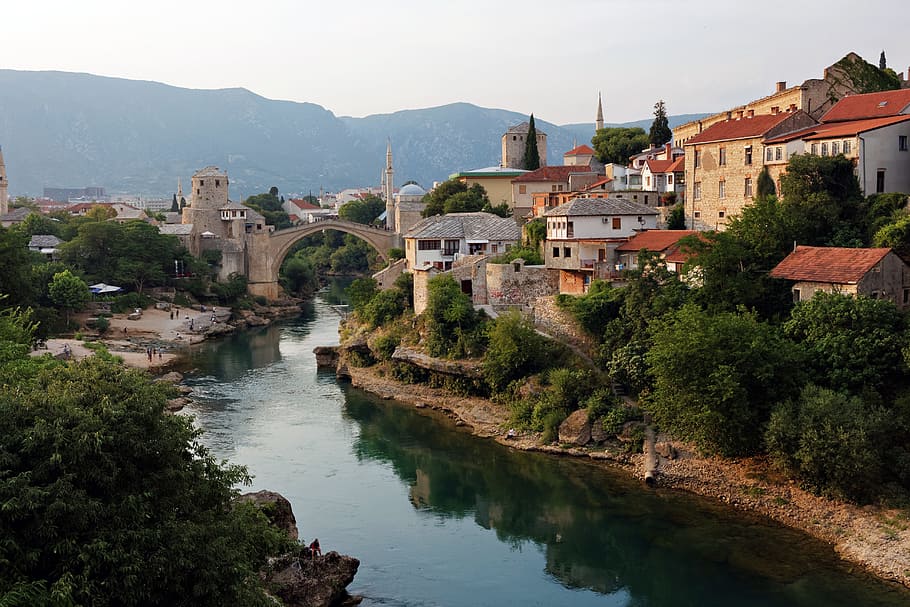 houses beside river, bridge, mostar, water, creek, the minaret of the HD wallpaper