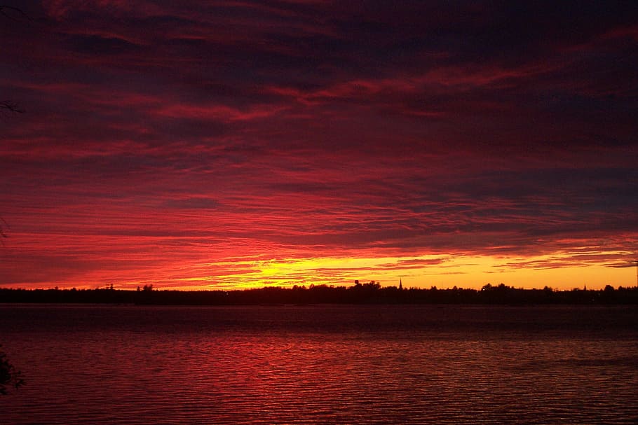 sun, set, red, waters, sky, nature, light, landscape, sunset HD wallpaper