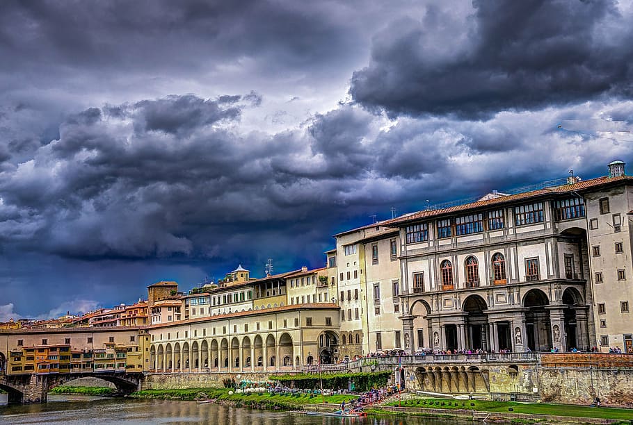 white concrete buildings, florence, ponte vecchio, italy, clouds HD wallpaper