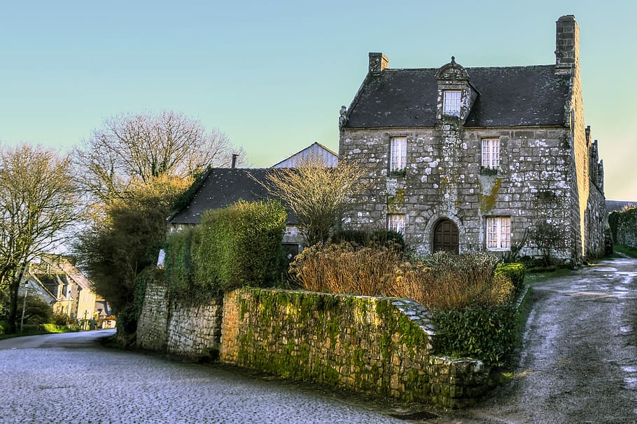 stone house during daytime, pierre, facade, street, former, village, HD wallpaper