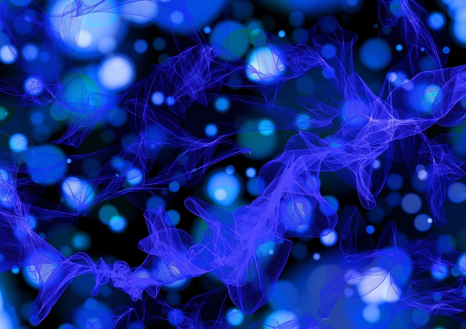 blue molecules illustration, bokeh, particles, background, light reflections, HD wallpaper