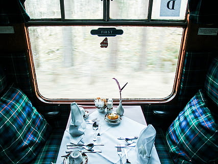 fine dining inside train, train interiors during daytime, dinner HD wallpaper
