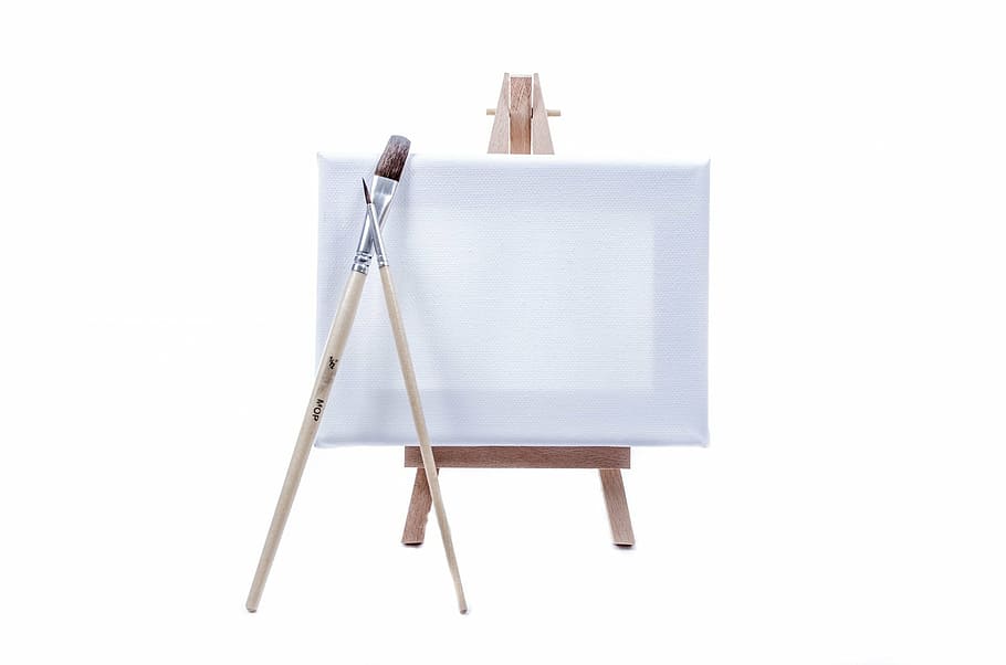 white paint canvass, easel, and two paintbrushes, paintings, stand, HD wallpaper