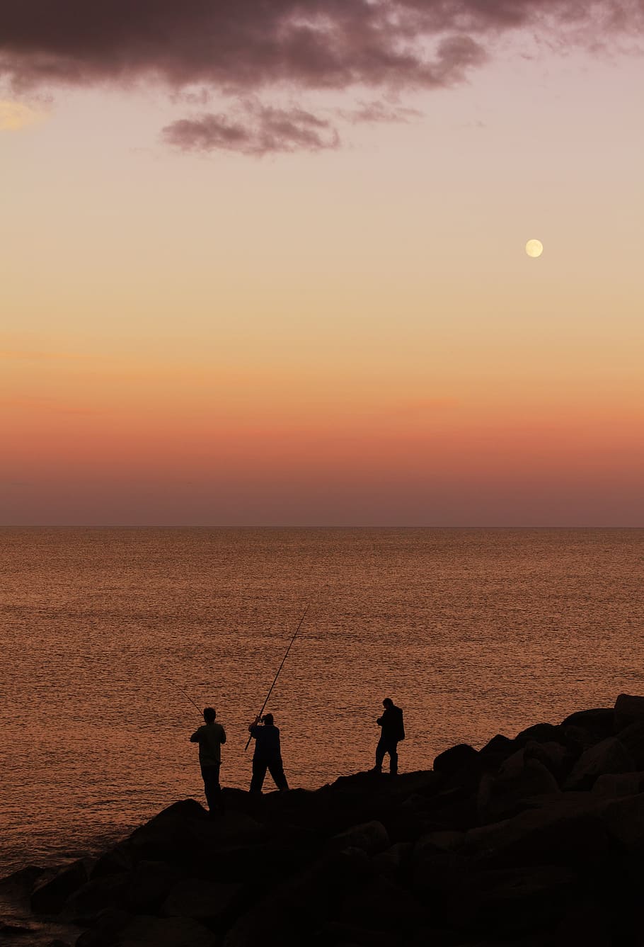 fishing, sea, dawn, landscape, beach, clouds, coast, coastal HD wallpaper