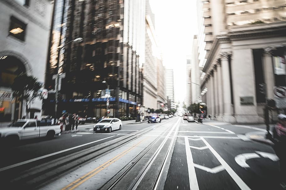 Police Car Racing Through The Big City Streets, accident, action