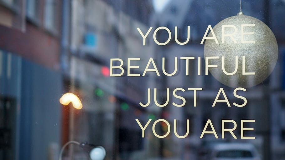gray bauble with text overlay, you are beautiful just as you are text with street background HD wallpaper