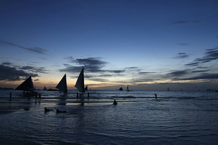 sunset, beach, twilight, boats, sea, nautical Vessel, summer HD wallpaper