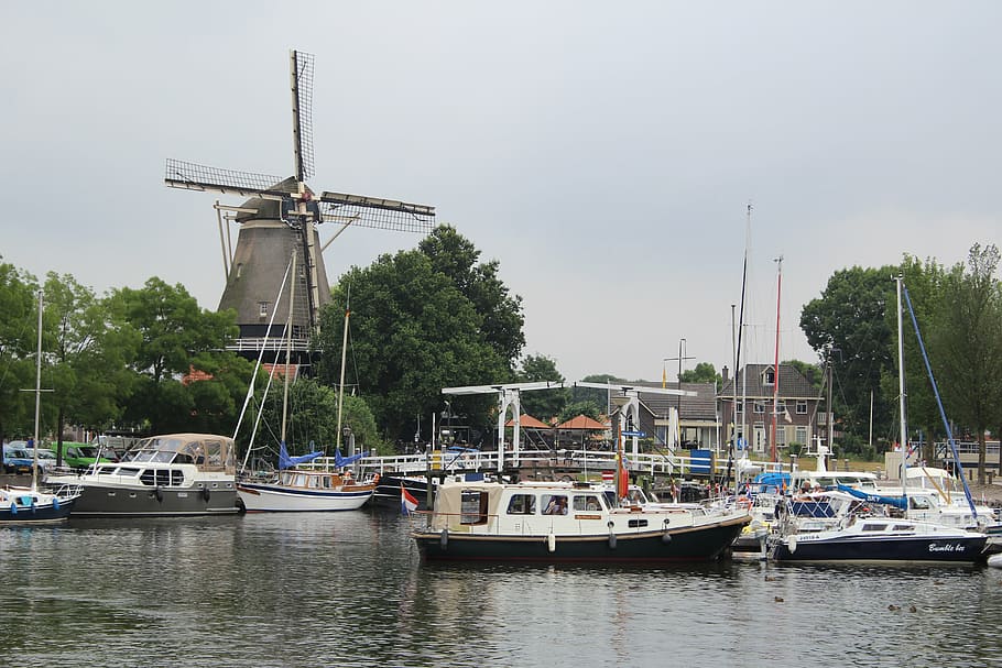 netherlands, port, windmill, ships, holiday, water, holland HD wallpaper