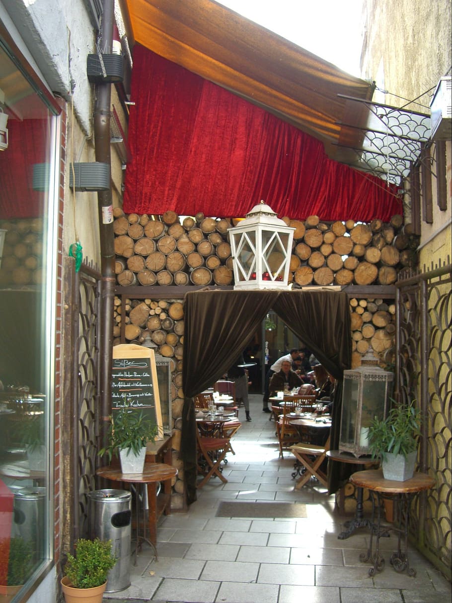 backyard cafe, input, curtain, red, wood, dining tables, chairs HD wallpaper