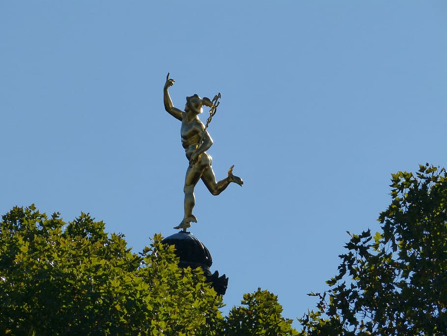 man holding staff statue, Stuttgart, Bronze, Copper, hermes, greek, HD wallpaper
