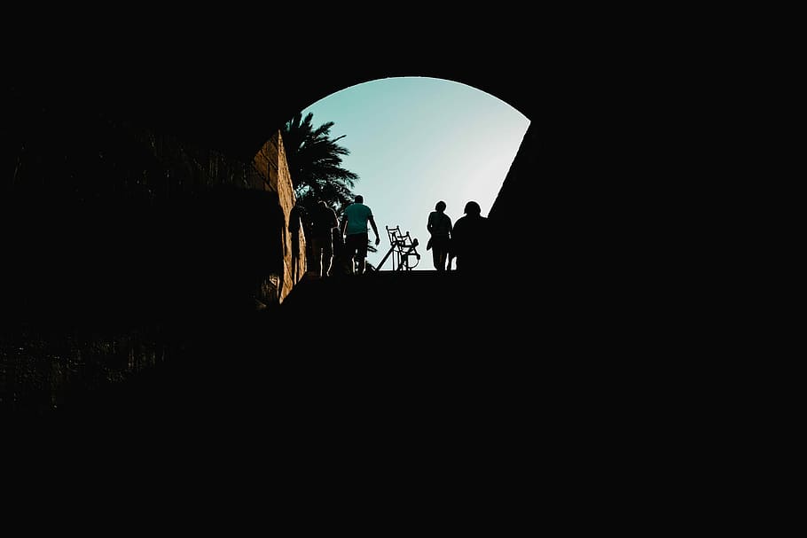 silhouette of man riding bicycle, silhouette of person walking uptairs during daytime HD wallpaper