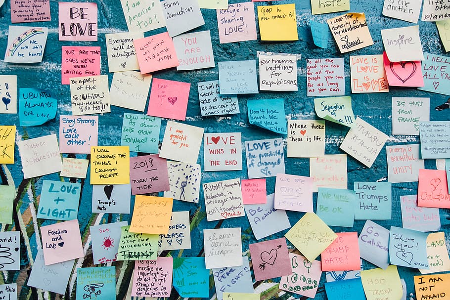 assorted stickers, wall of sticky notes, love win, post-it, law HD wallpaper