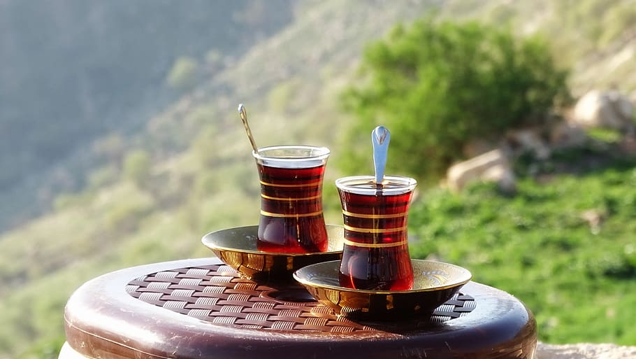 two Turkish teaglass on tabletop, kurdistan, iraq, mountain, nature
