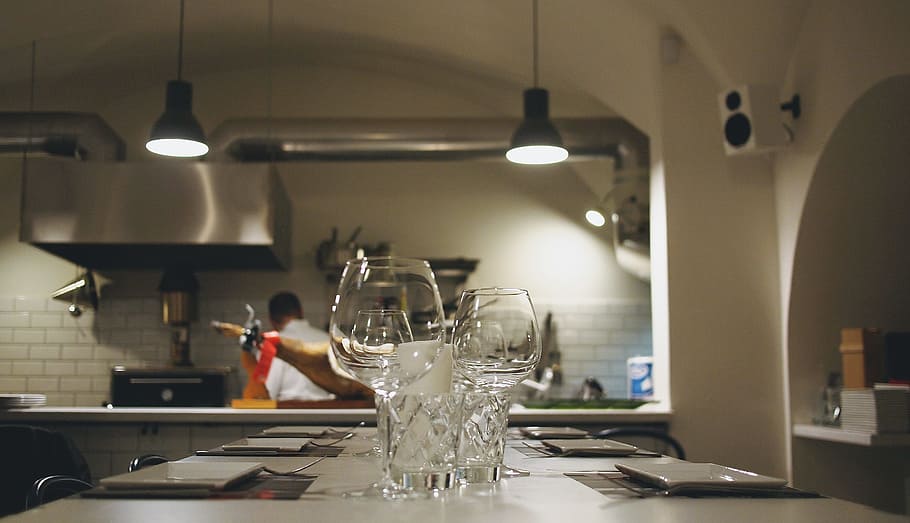 two clear wine glasses on white table, kitchen, restaurant HD wallpaper