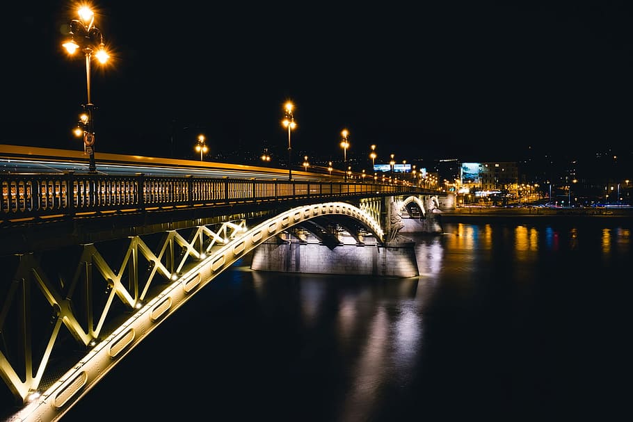 city, lights, night, water, architecture, beautiful, bridge, buildings HD wallpaper