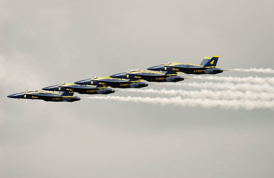 five black and yellow jet planes leaving trail of smokes during daytime, HD wallpaper