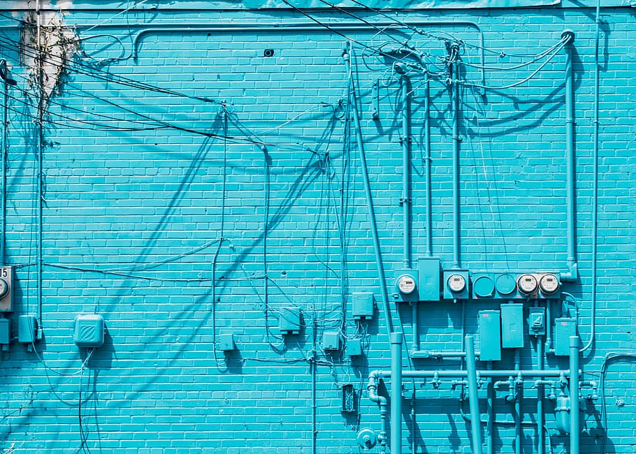 blue painted wall with electrical wirings, buildings, bricks HD wallpaper