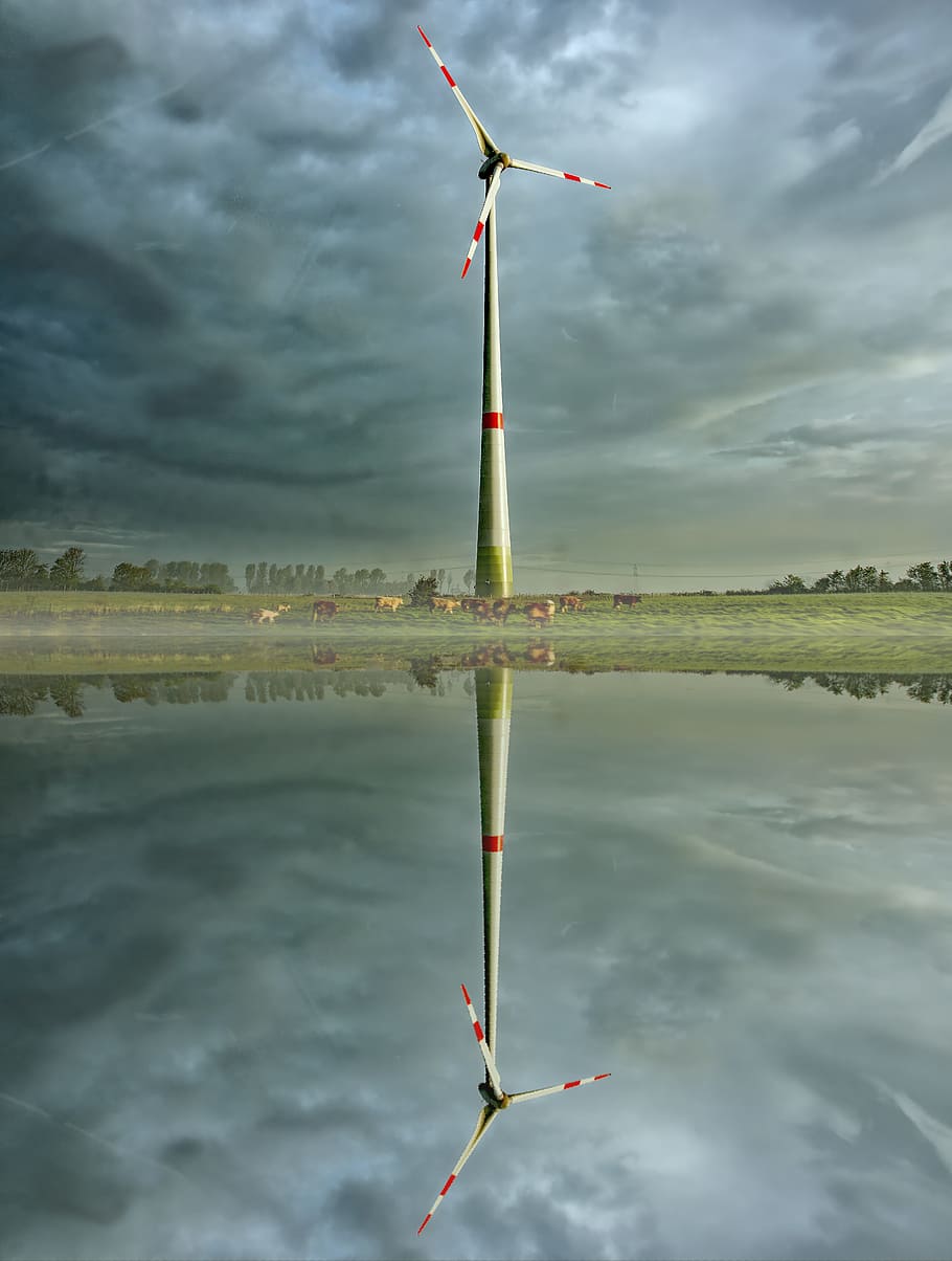 Mirror, Water, Reflection, cloud - sky, wind power, wind turbine HD wallpaper