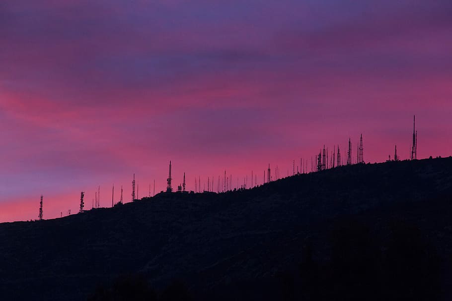 silhouette of mountain during dawn, silhouette of forest, sky HD wallpaper
