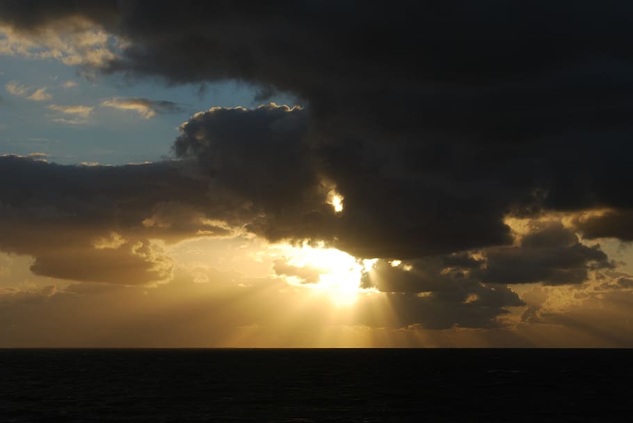 Clouds, Sun, Sunset, Sea, abendstimmung, water, sky, nature HD wallpaper