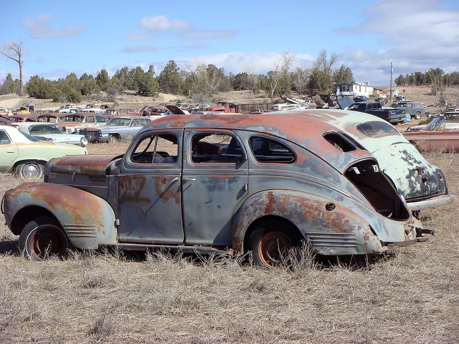 Car Wreck, Oldtimer, Vehicle, automotive, classic car, rust, HD wallpaper