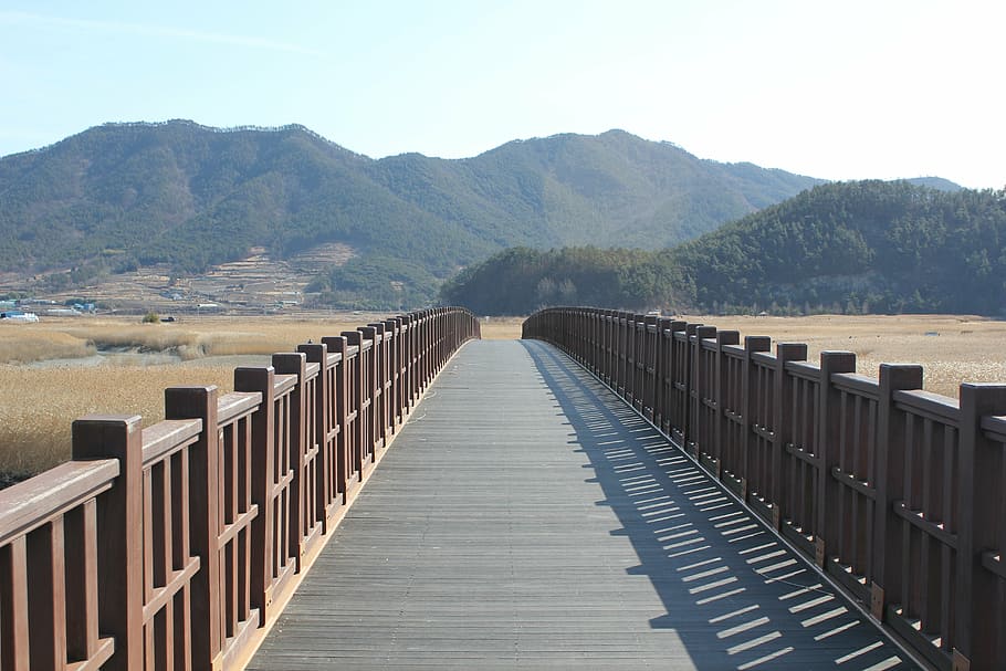road, pathway, method, wooden, scenery, nature, mountain, sky HD wallpaper