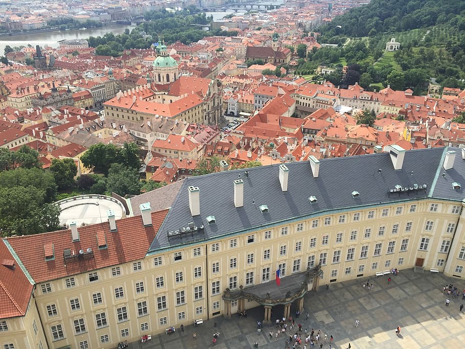 Prague, City View, High, Perspective, castle, roofs, buildings HD wallpaper