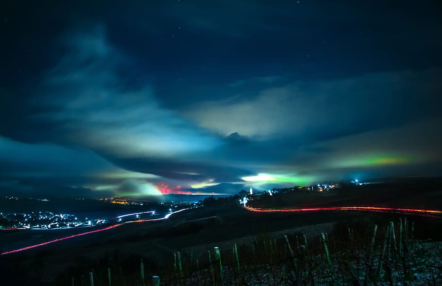 dark, clouds, sky, night, lights, long exposure, landscape HD wallpaper