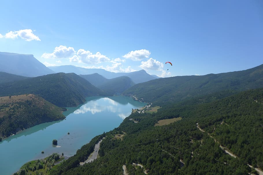 view, water, air, mountains, landscape, nature, holiday, more HD wallpaper