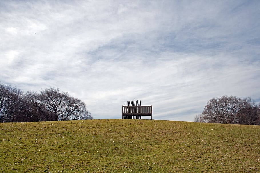 sculpture, bench, art, park, lawn, green, trees, sky, cloudy HD wallpaper