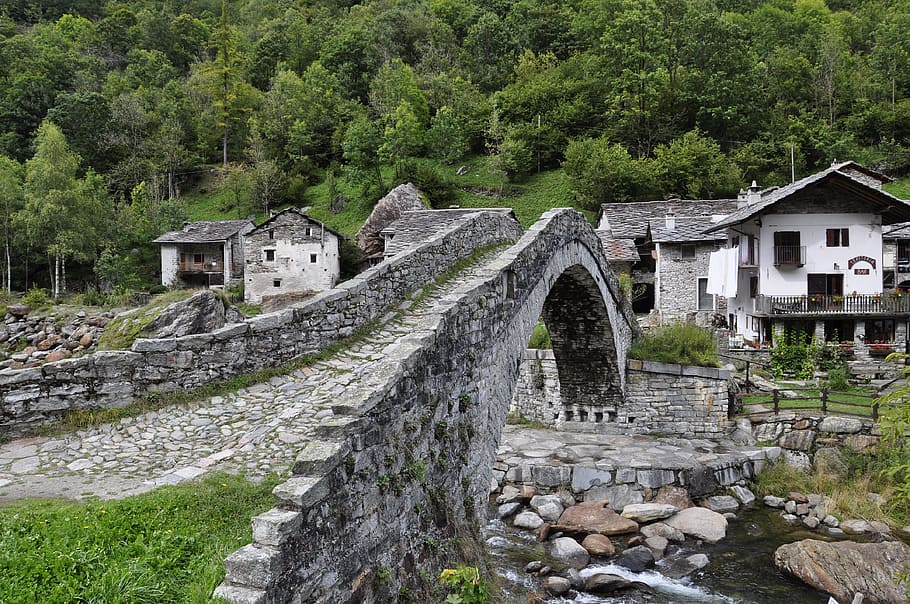 bridge, mountain, stone, river, italy, piemonte, architecture HD wallpaper