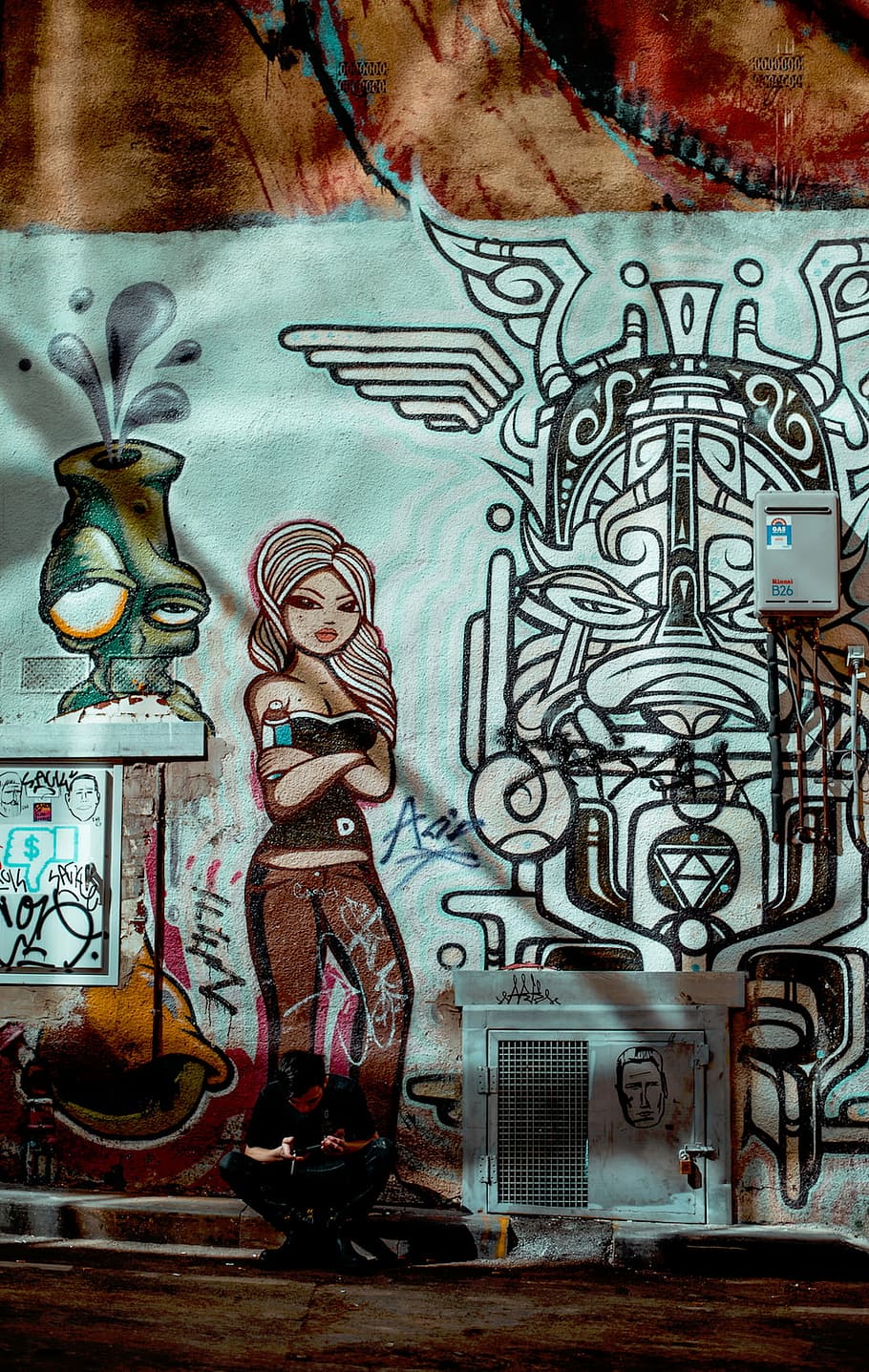 woman standing near vase art, wall, graffiti, colors, street HD wallpaper