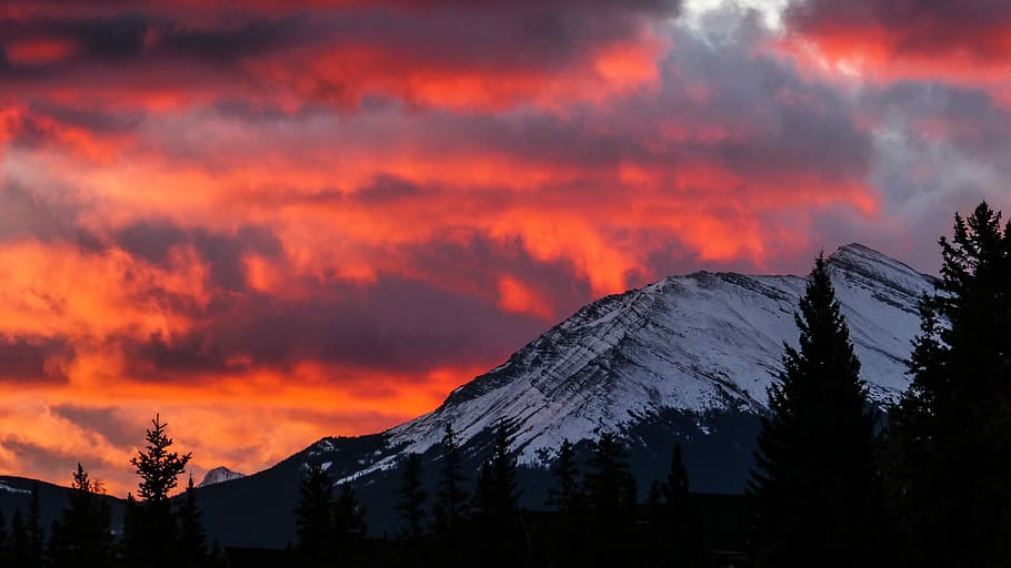 snow covered mountain under pink clouds sky, mountain alps, red sky HD wallpaper