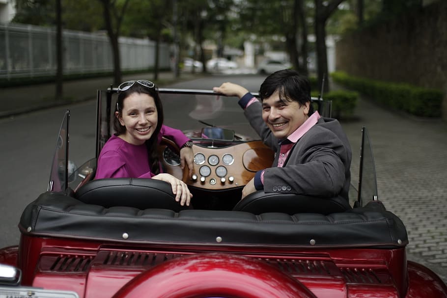 Old Timer, Cabriolet, Couple, just married, love, car, vintage HD wallpaper