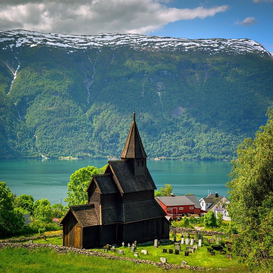 stave church, fjord, mountain, urnes, norway, water, architecture, HD wallpaper