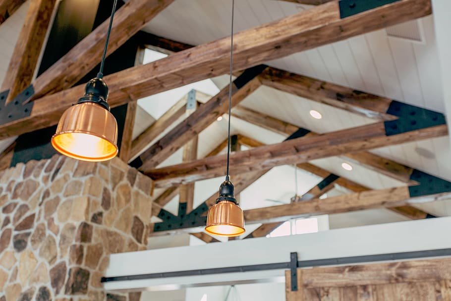 turned-on pendant lights, interior, design, lamps, stone, walls HD wallpaper