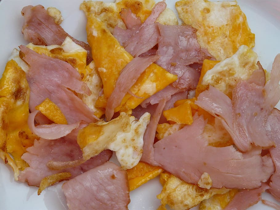scrambled eggs, ham, breakfast, fried, eat, food, food and drink HD wallpaper