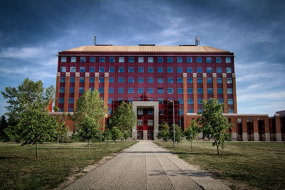 Infopark, Budapest, Building, red, courtyard, pathway, sky HD wallpaper