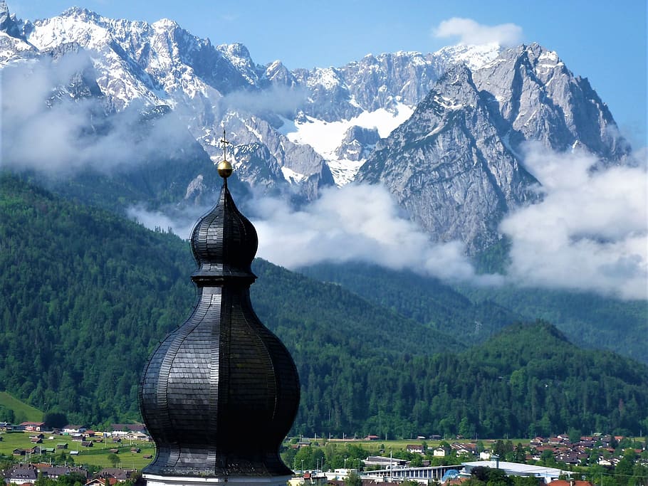 zugspitze, mountains, snow, summit, clouds, sky, bavaria, zugspitze mountain HD wallpaper