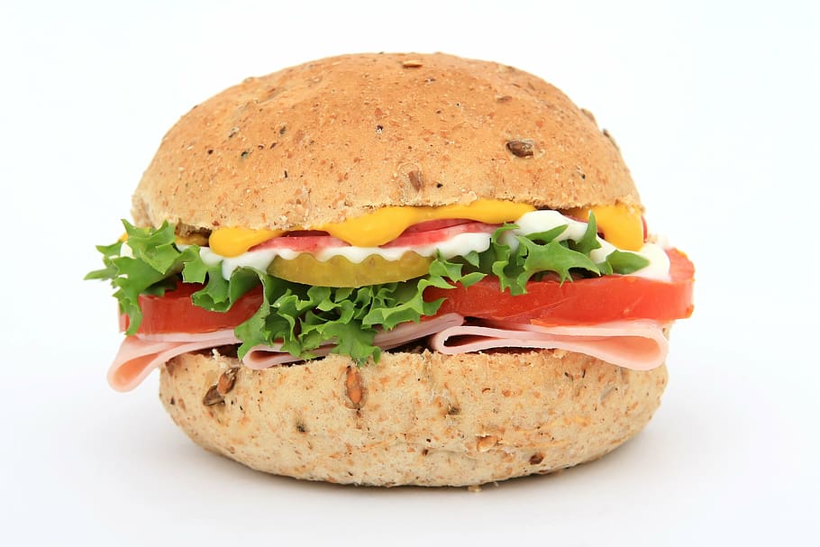 hamburger with cheese and vegetable, bread, brown, bun, calories HD wallpaper