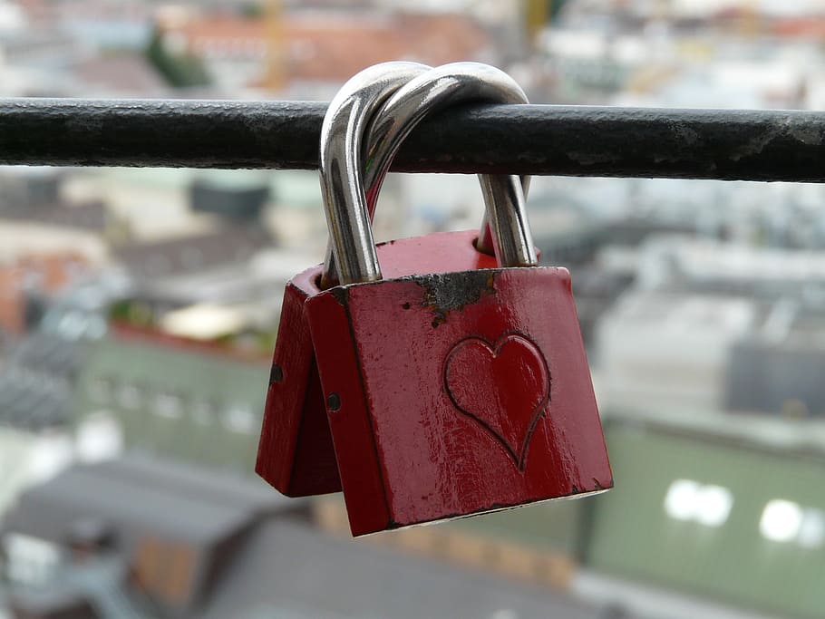 two red-and-silver locks on black bar, love locks, padlocks, engraving, HD wallpaper