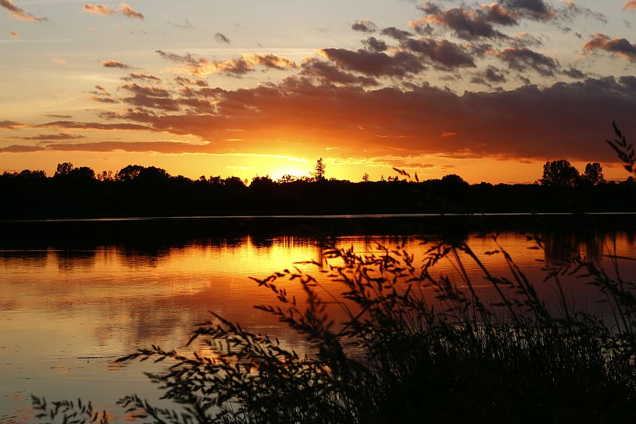 sunset, lake, water, sky, nature, landscape, evening, mirroring HD wallpaper