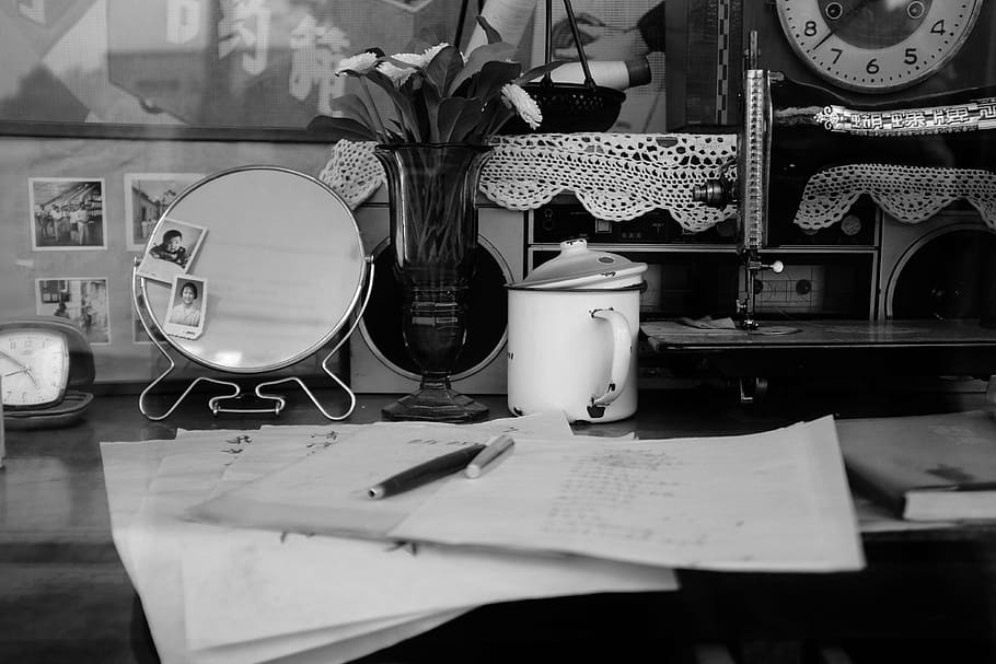 table, cup, pen, paper, mirror, old, black, white, music, indoors HD wallpaper