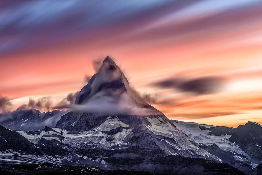 mountain covered with snow, adventure, clouds, cold, dawn, dusk HD wallpaper