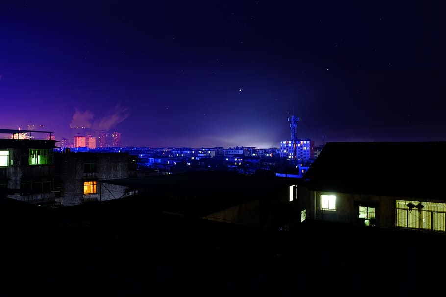 sky, blue, blue day, night, architecture, building exterior HD wallpaper