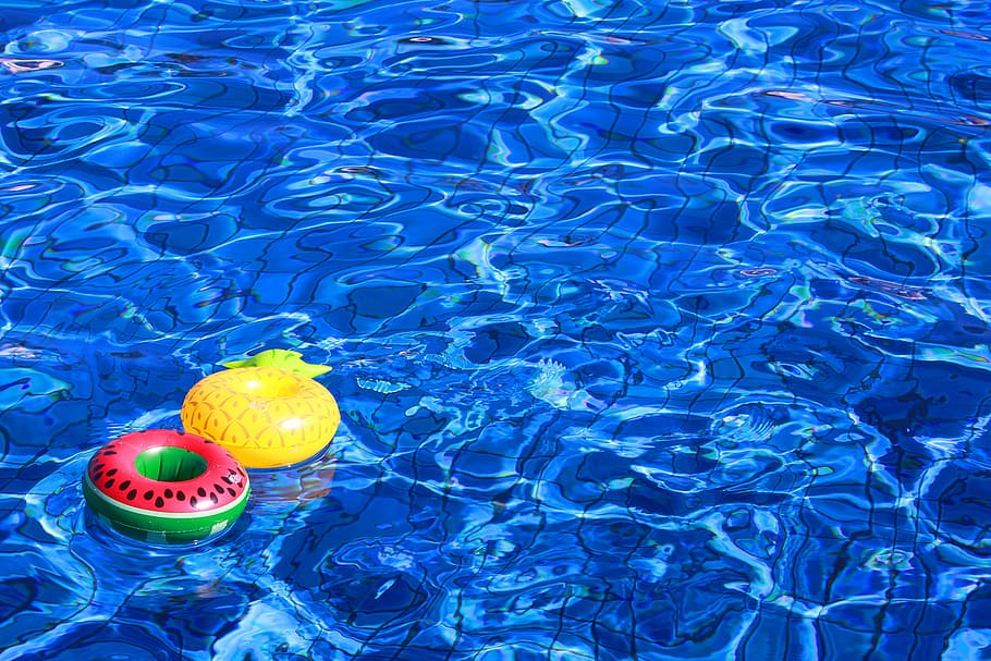 watermelon and pineapple inflatable on blue pool, swimming Pool, HD wallpaper