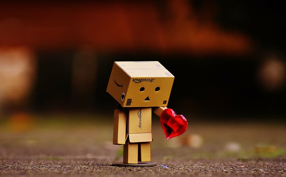 wood block character holding heart, danbo, figures, love, longing