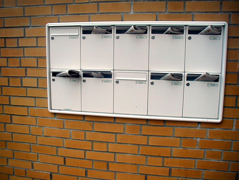 white metal mail cabinet with newspapers, mailbox, letter boxes HD wallpaper